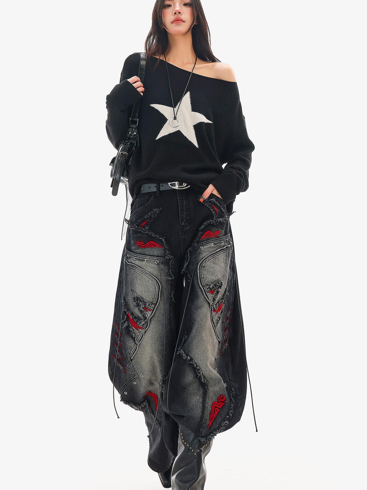QIUQIU STUDIO Black Frayed Raw Edge Spliced Curved Women&