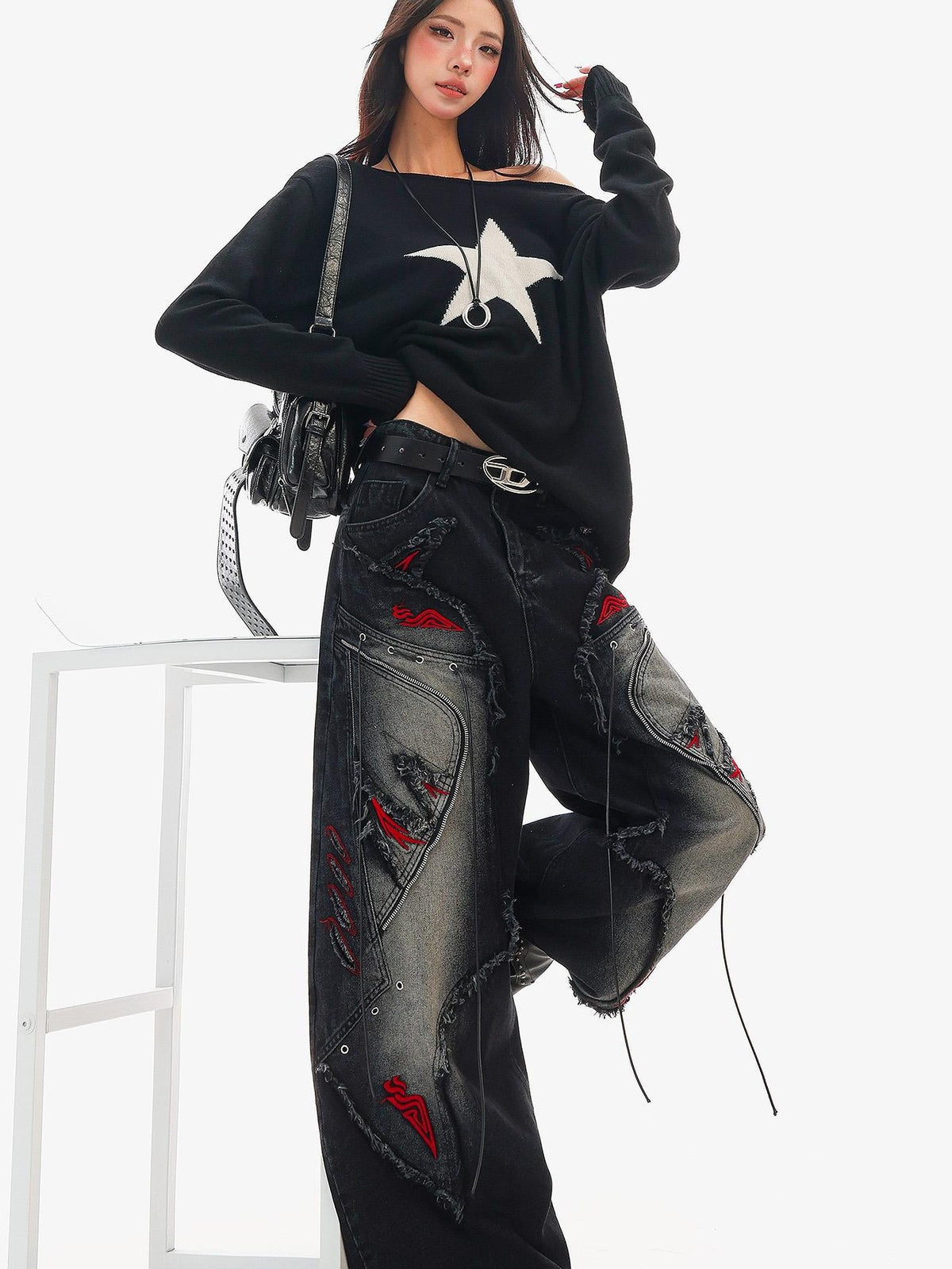 QIUQIU STUDIO Black Frayed Raw Edge Spliced Curved Women&