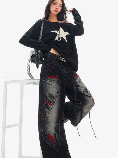 QIUQIU STUDIO Black Frayed Raw Edge Spliced Curved Women&