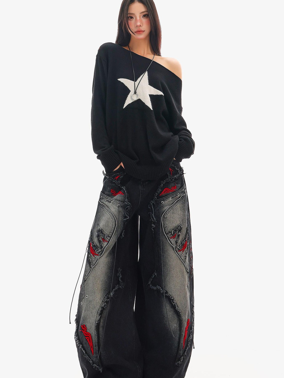 QIUQIU STUDIO Black Frayed Raw Edge Spliced Curved Women&