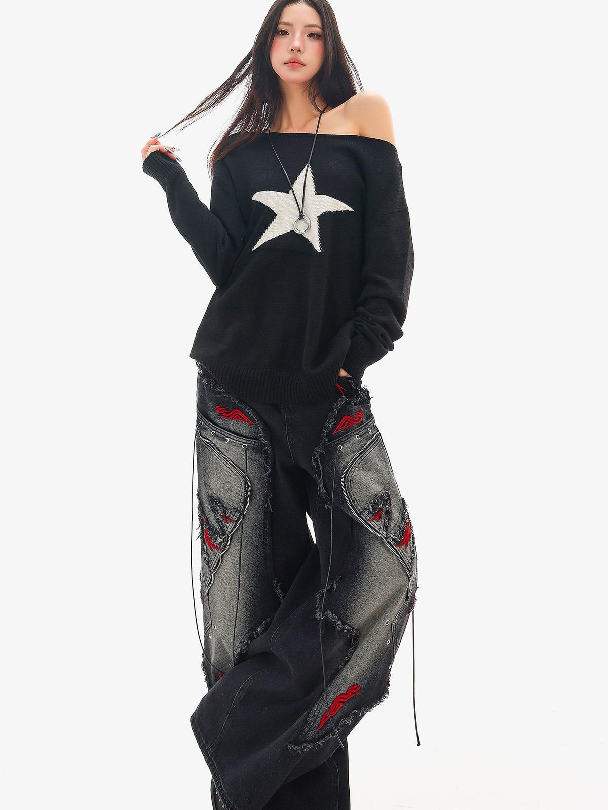 QIUQIU STUDIO Black Frayed Raw Edge Spliced Curved Women&