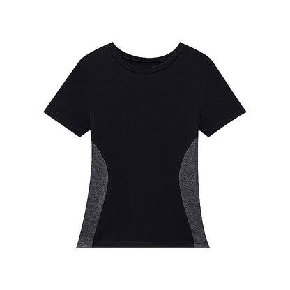 QIUQIU_STUDIO_Black_Gray_Colorblock_Patchwork_Crewneck_Short_Sleeve_Women&