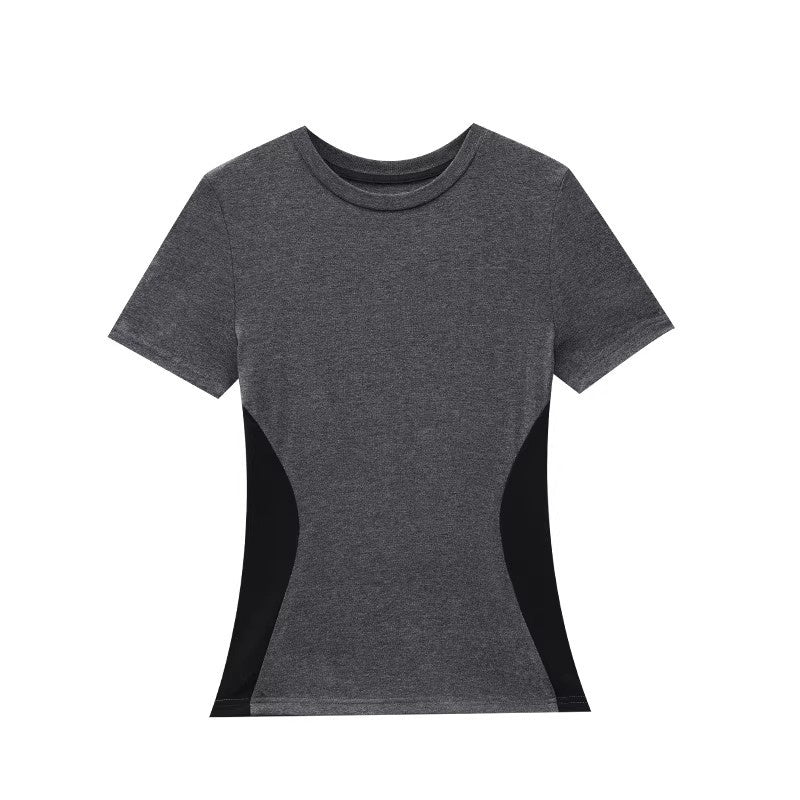 QIUQIU_STUDIO_Black_Gray_Colorblock_Patchwork_Crewneck_Short_Sleeve_Women&