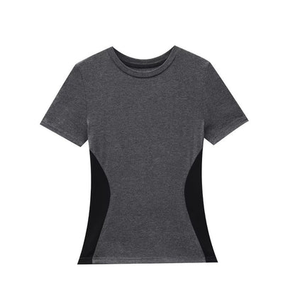 QIUQIU_STUDIO_Black_Gray_Colorblock_Patchwork_Crewneck_Short_Sleeve_Women&