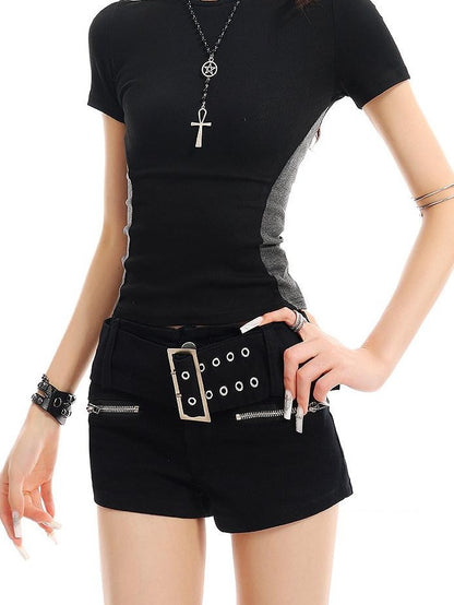 QIUQIU STUDIO Black Gray Colorblock Patchwork Crewneck Short Sleeve Women&