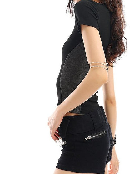 QIUQIU STUDIO Black Gray Colorblock Patchwork Crewneck Short Sleeve Women&