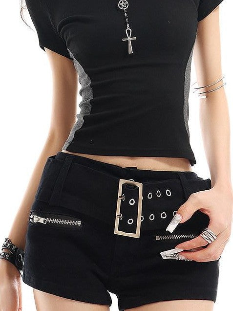 QIUQIU STUDIO Black Gray Colorblock Patchwork Crewneck Short Sleeve Women&