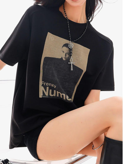 QIUQIU STUDIO Black Gray Figure Print Crew Neck Relaxed Fit Women&
