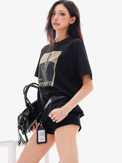 QIUQIU STUDIO Black Gray Figure Print Crew Neck Relaxed Fit Women&
