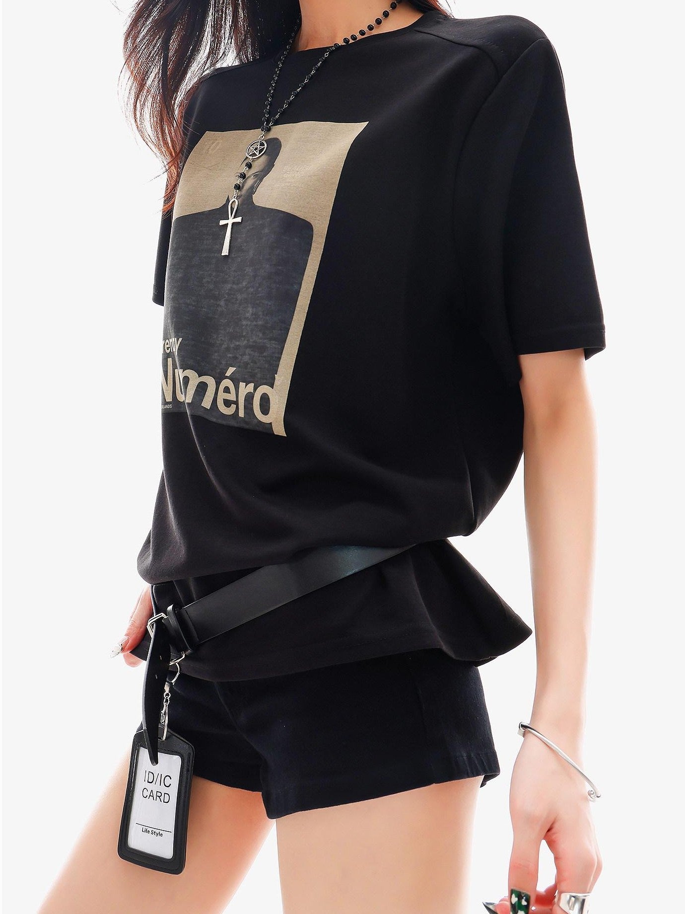 QIUQIU STUDIO Black Gray Figure Print Crew Neck Relaxed Fit Women&