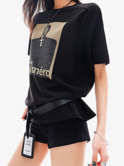 QIUQIU STUDIO Black Gray Figure Print Crew Neck Relaxed Fit Women&