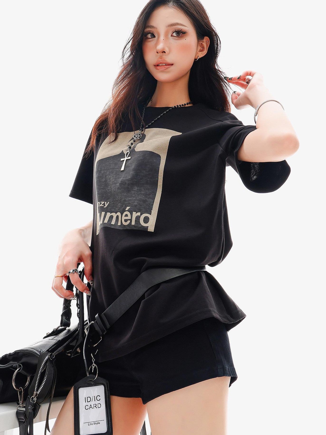 QIUQIU STUDIO Black Gray Figure Print Crew Neck Relaxed Fit Women&