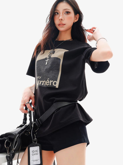 QIUQIU STUDIO Black Gray Figure Print Crew Neck Relaxed Fit Women&