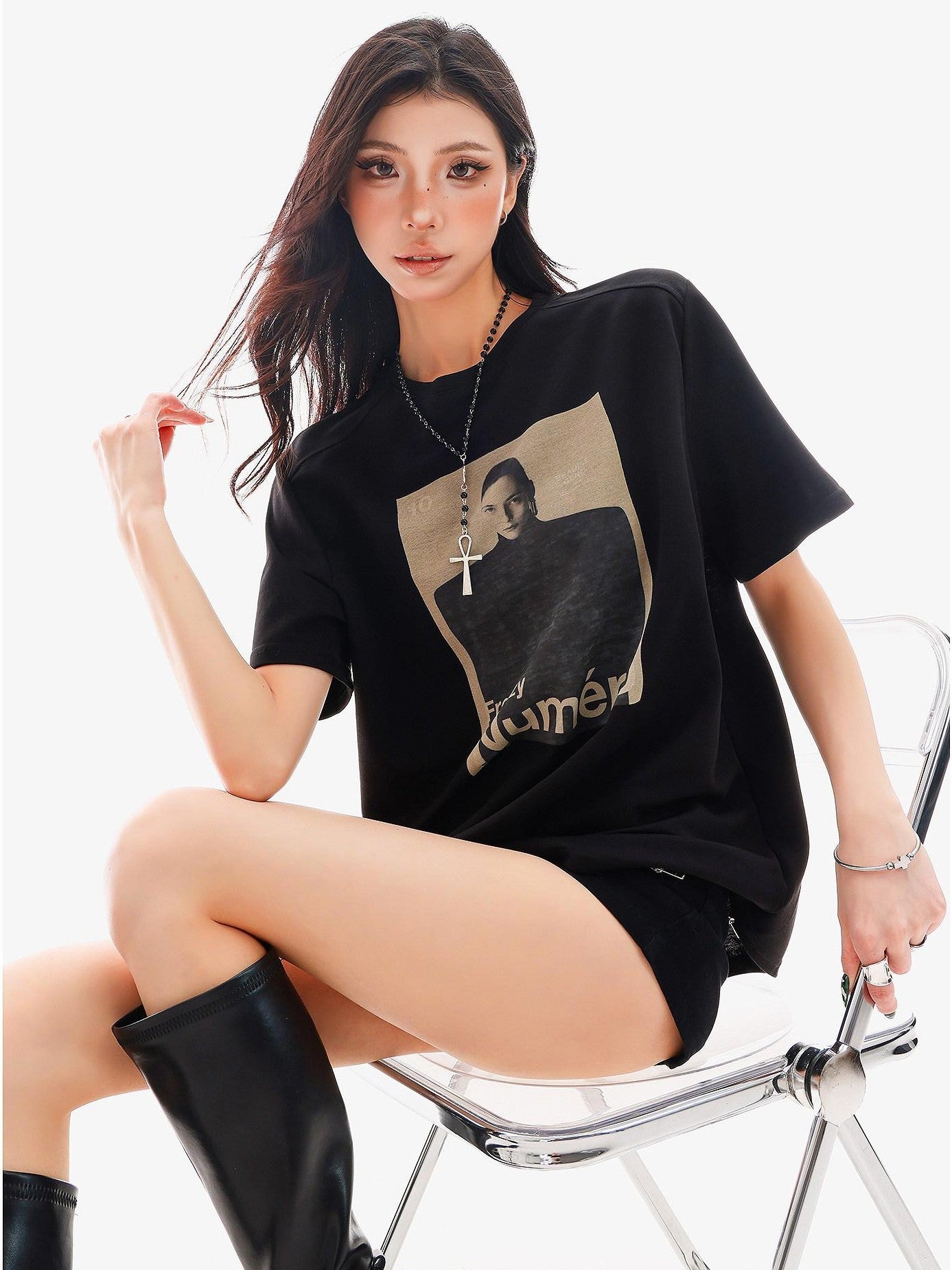 QIUQIU STUDIO Black Gray Figure Print Crew Neck Relaxed Fit Women&