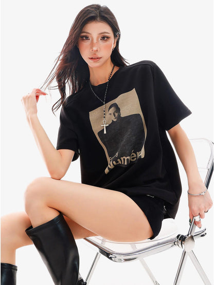QIUQIU STUDIO Black Gray Figure Print Crew Neck Relaxed Fit Women&
