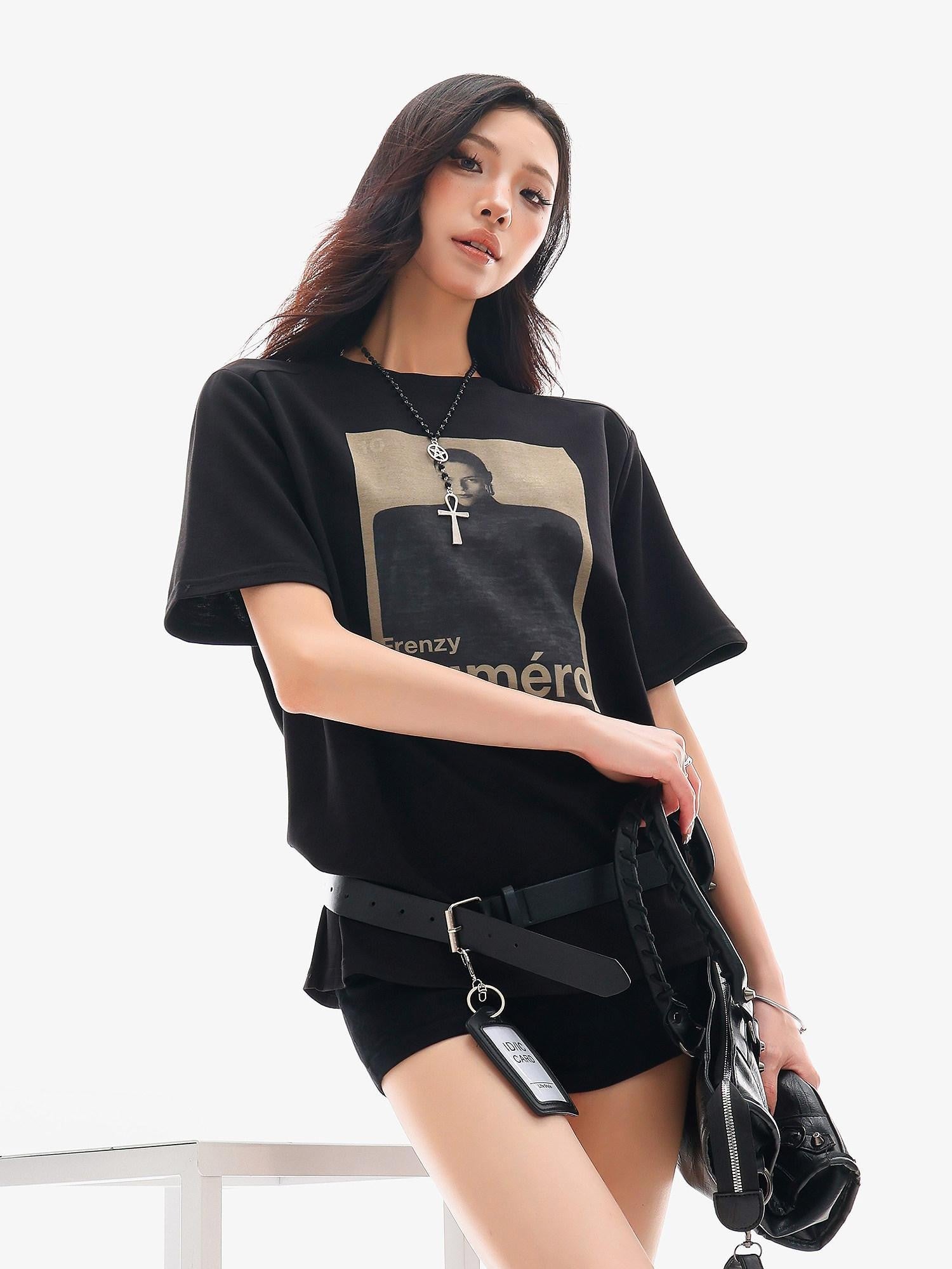 QIUQIU STUDIO Black Gray Figure Print Crew Neck Relaxed Fit Women&