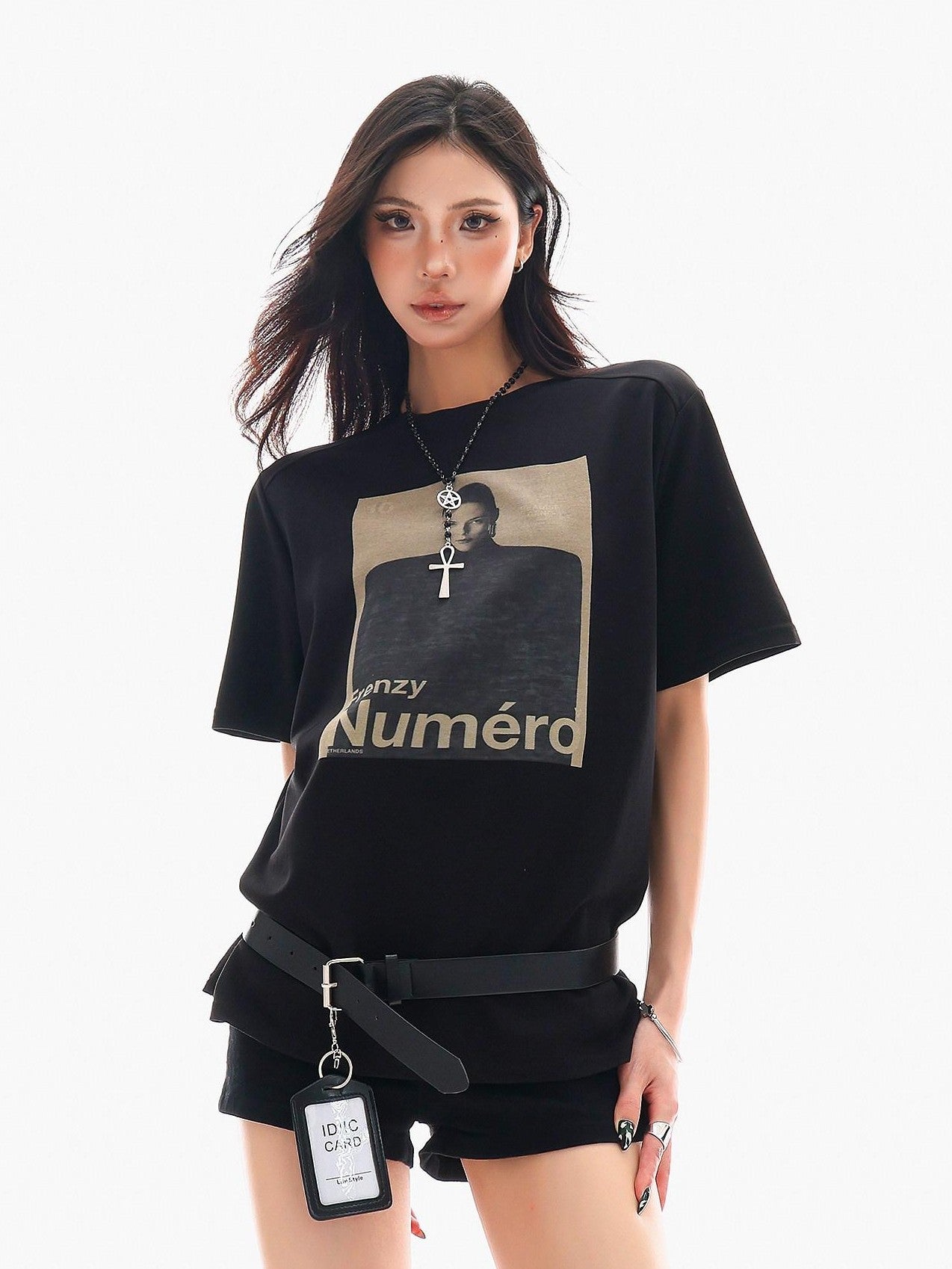 QIUQIU STUDIO Black Gray Figure Print Crew Neck Relaxed Fit Women&