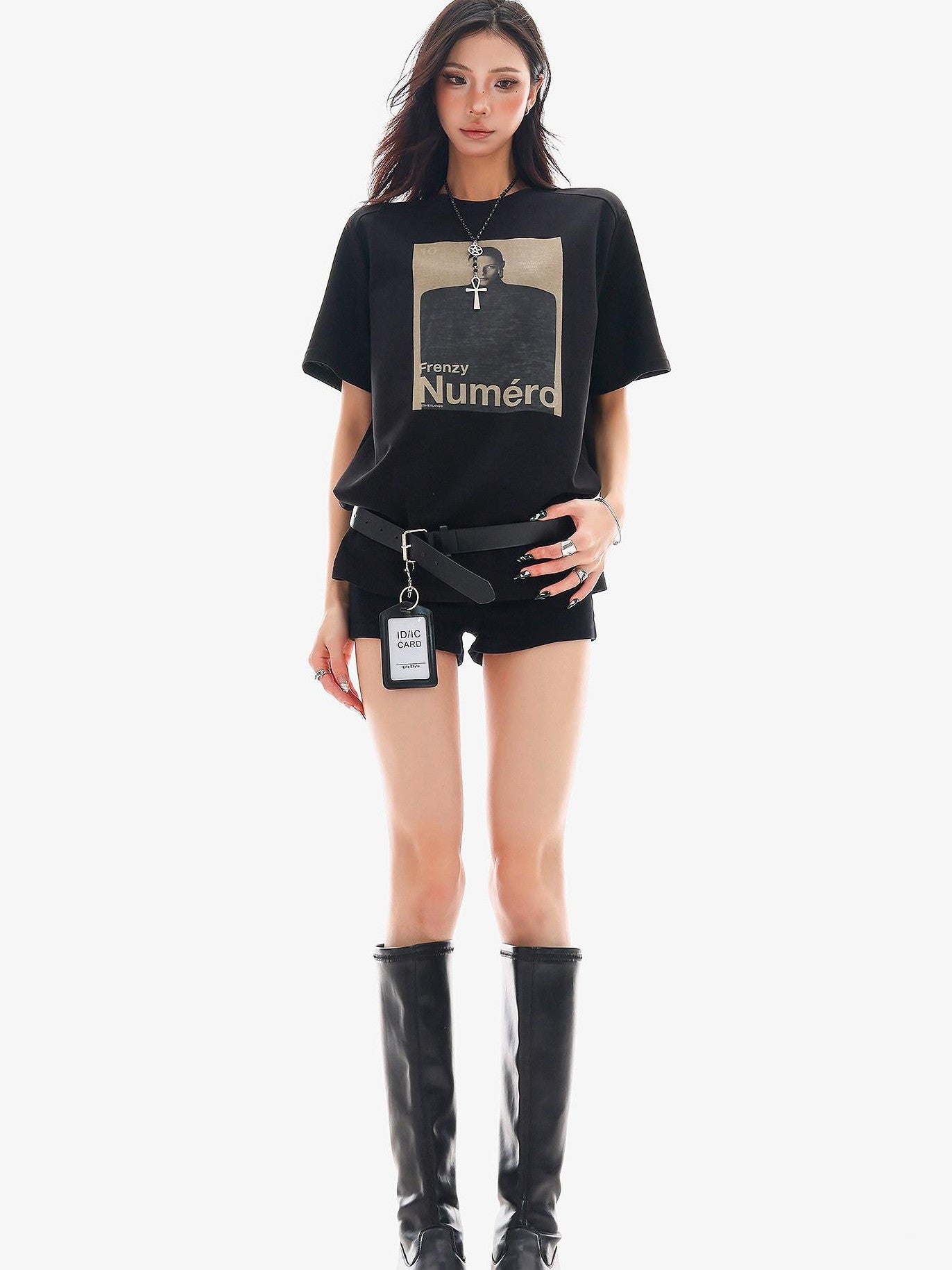 QIUQIU STUDIO Black Gray Figure Print Crew Neck Relaxed Fit Women&
