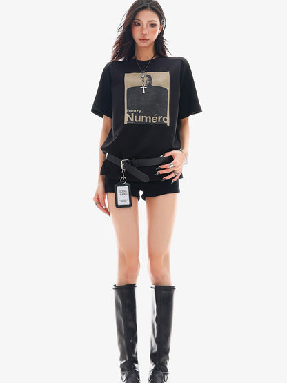 QIUQIU STUDIO Black Gray Figure Print Crew Neck Relaxed Fit Women&