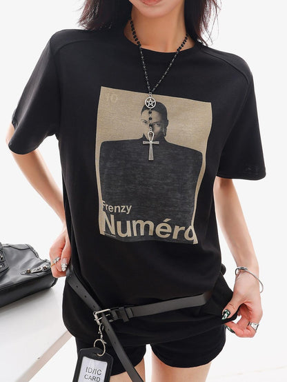 QIUQIU STUDIO Black Gray Figure Print Crew Neck Relaxed Fit Women&
