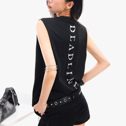 QIUQIU_STUDIO_Black_Gray_Letter_Print_Round_Neck_Loose_Fit_Hot_Girl_Women&