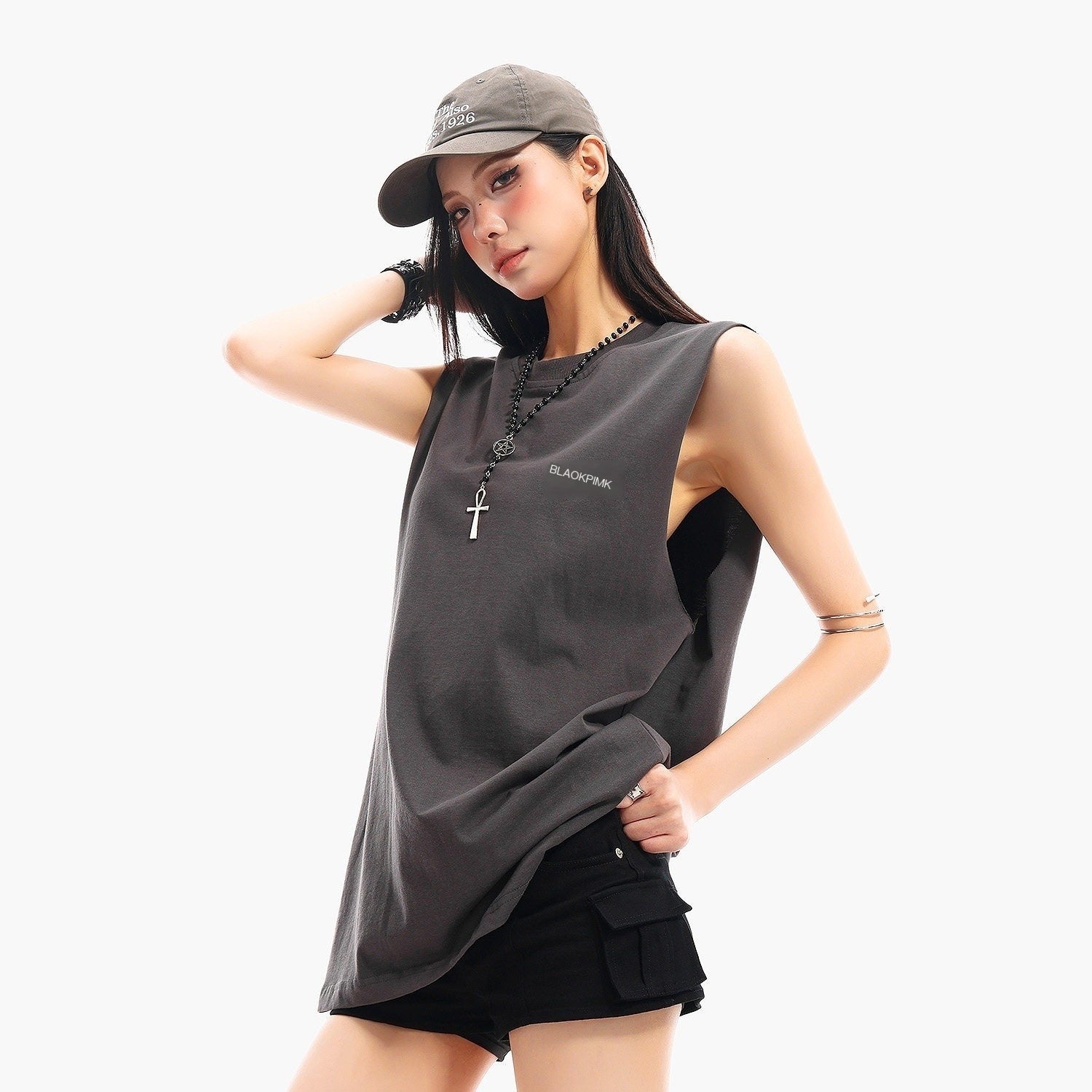 QIUQIU_STUDIO_Black_Gray_Letter_Print_Round_Neck_Loose_Fit_Hot_Girl_Women&