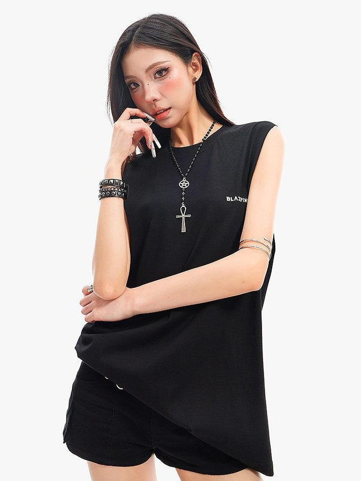 QIUQIU STUDIO Black Gray Letter Print Round Neck Loose Fit Hot Girl Women&