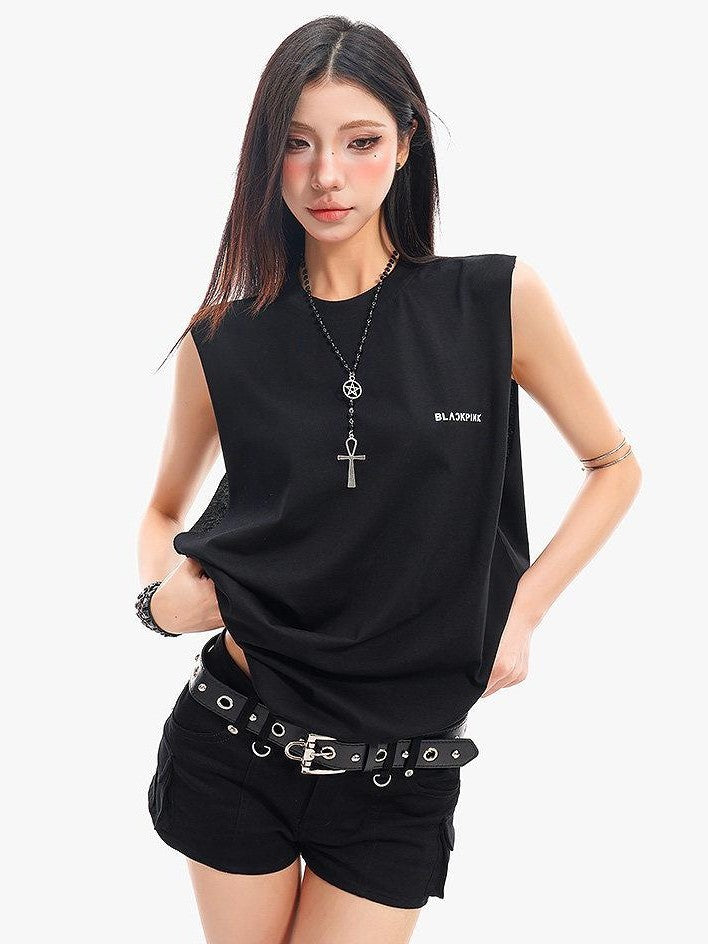 QIUQIU STUDIO Black Gray Letter Print Round Neck Loose Fit Hot Girl Women&