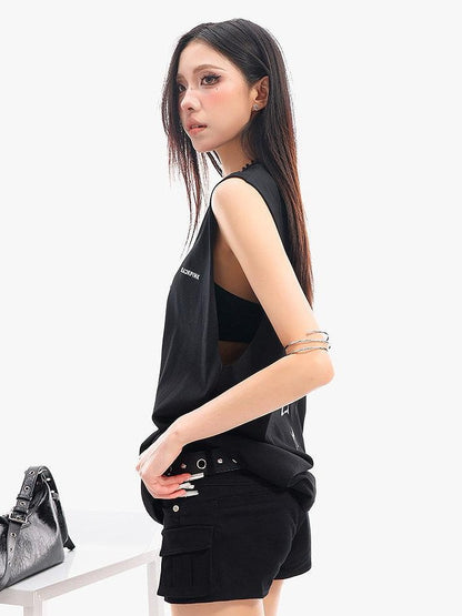 QIUQIU STUDIO Black Gray Letter Print Round Neck Loose Fit Hot Girl Women&