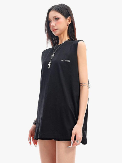 QIUQIU STUDIO Black Gray Letter Print Round Neck Loose Fit Hot Girl Women&