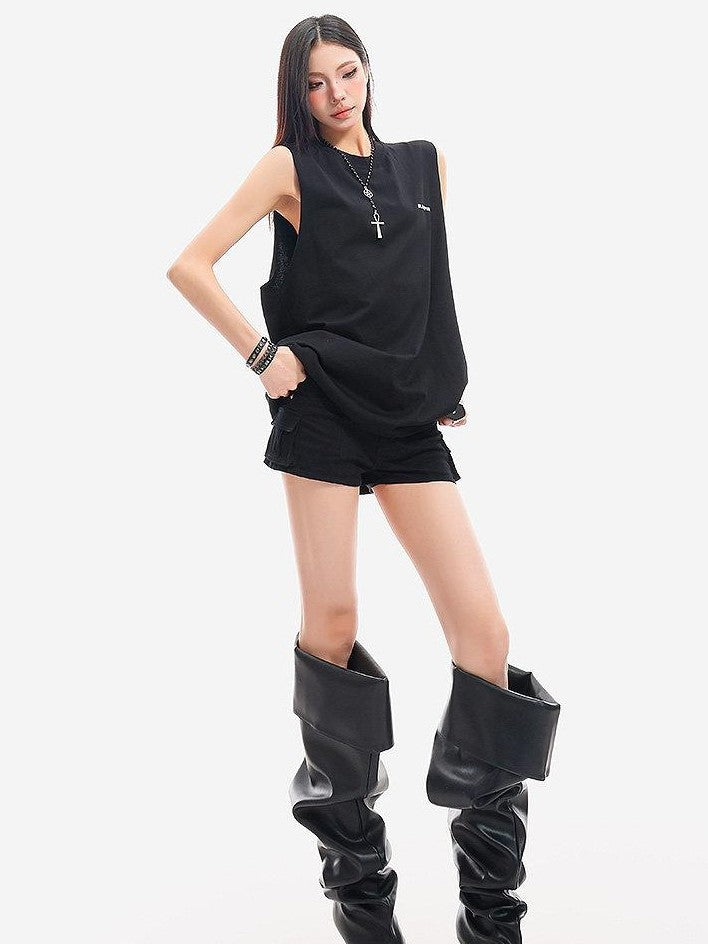 QIUQIU STUDIO Black Gray Letter Print Round Neck Loose Fit Hot Girl Women&