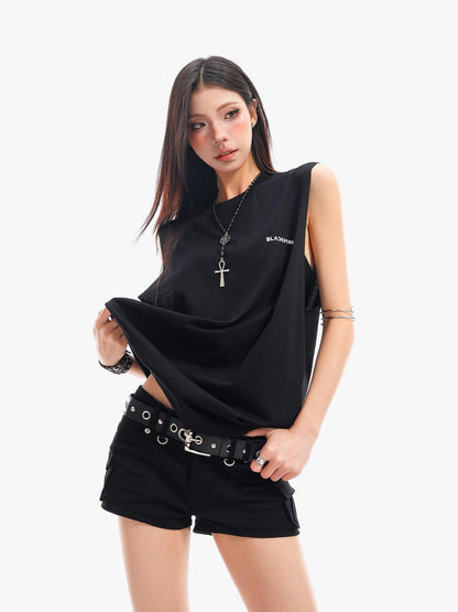 QIUQIU STUDIO Black Gray Letter Print Round Neck Loose Fit Hot Girl Women&