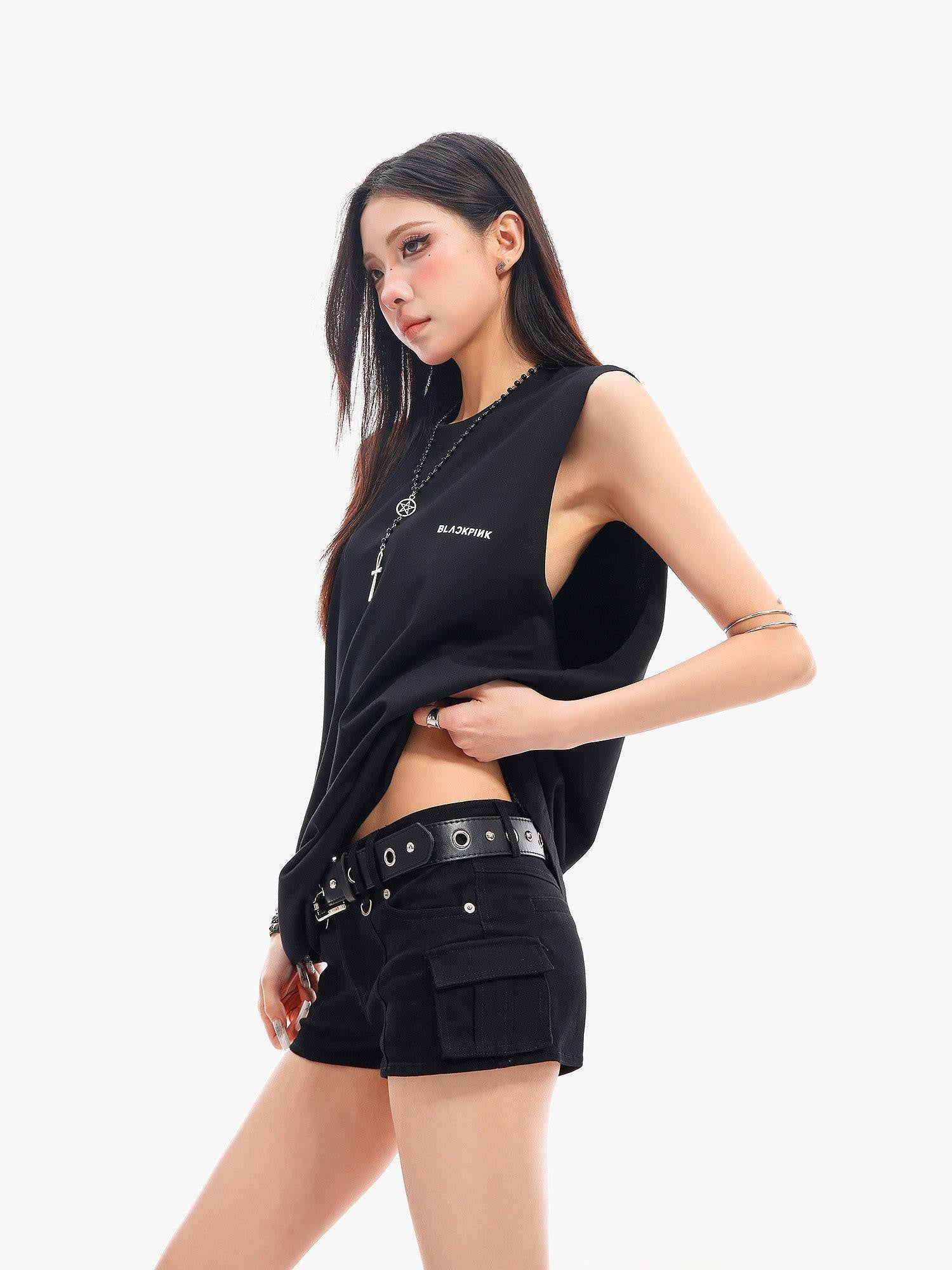 QIUQIU STUDIO Black Gray Letter Print Round Neck Loose Fit Hot Girl Women&