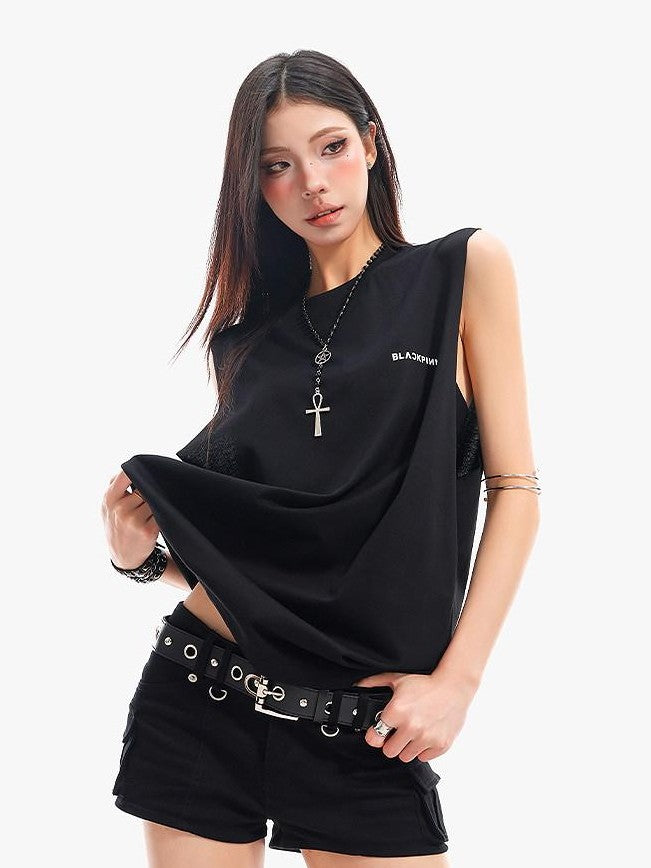 QIUQIU STUDIO Black Gray Letter Print Round Neck Loose Fit Hot Girl Women&
