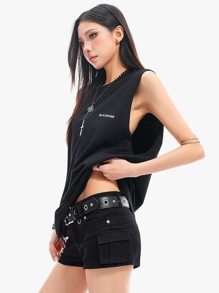 QIUQIU STUDIO Black Gray Letter Print Round Neck Loose Fit Hot Girl Women&