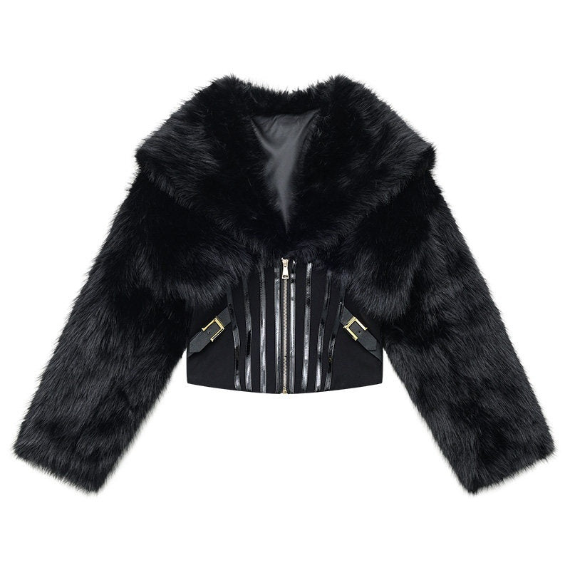QIUQIU_STUDIO_Black_Herringbone_Cinched_Waist_Fur_Collar_Parka_Women&