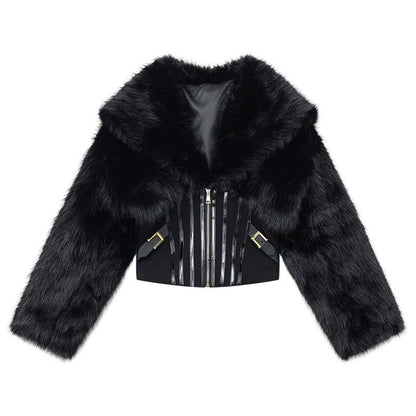 QIUQIU_STUDIO_Black_Herringbone_Cinched_Waist_Fur_Collar_Parka_Women&