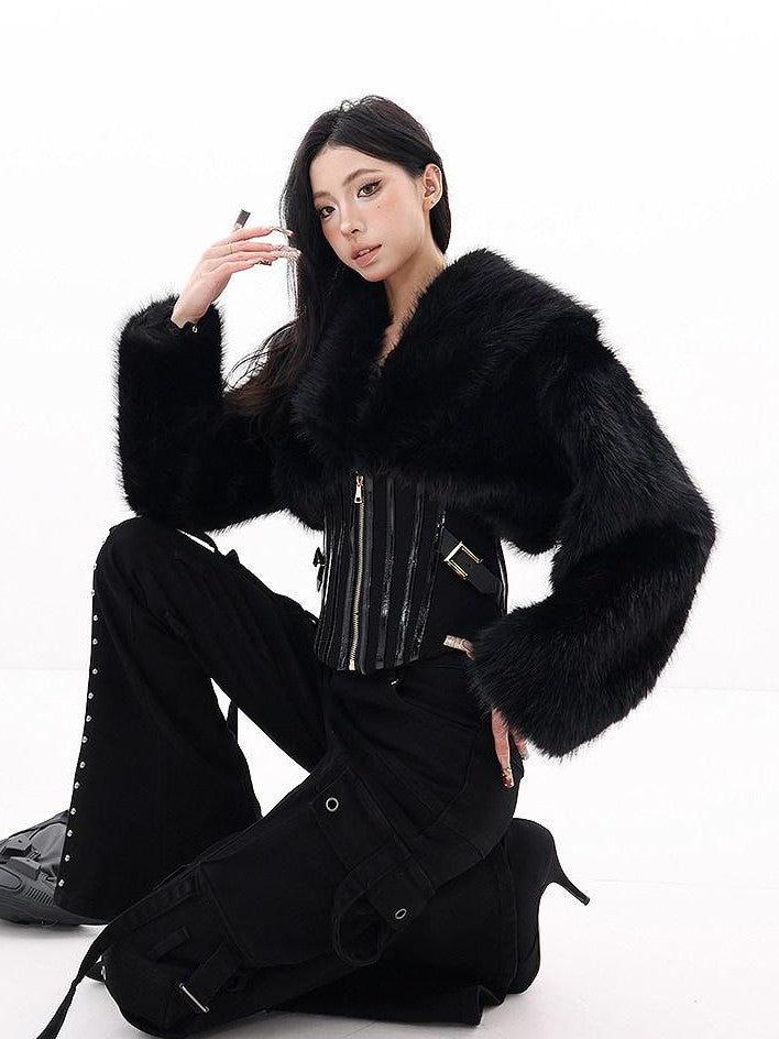 QIUQIU STUDIO Black Herringbone Cinched Waist Fur Collar Parka Women&