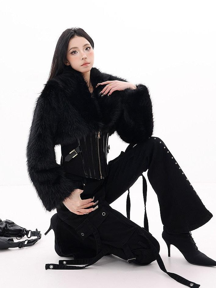 QIUQIU STUDIO Black Herringbone Cinched Waist Fur Collar Parka Women&