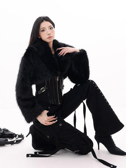 QIUQIU STUDIO Black Herringbone Cinched Waist Fur Collar Parka Women&