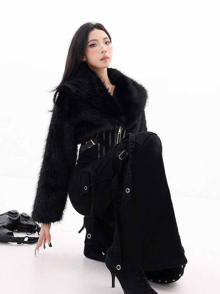 QIUQIU STUDIO Black Herringbone Cinched Waist Fur Collar Parka Women&