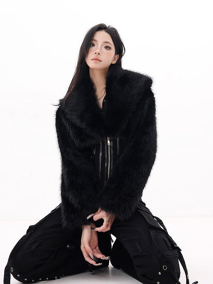 QIUQIU STUDIO Black Herringbone Cinched Waist Fur Collar Parka Women&