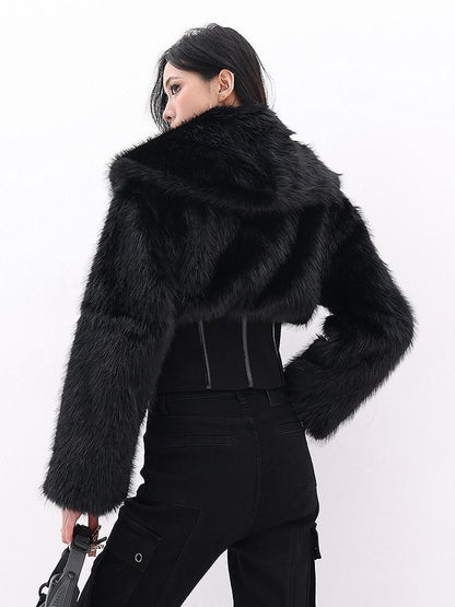 QIUQIU STUDIO Black Herringbone Cinched Waist Fur Collar Parka Women&