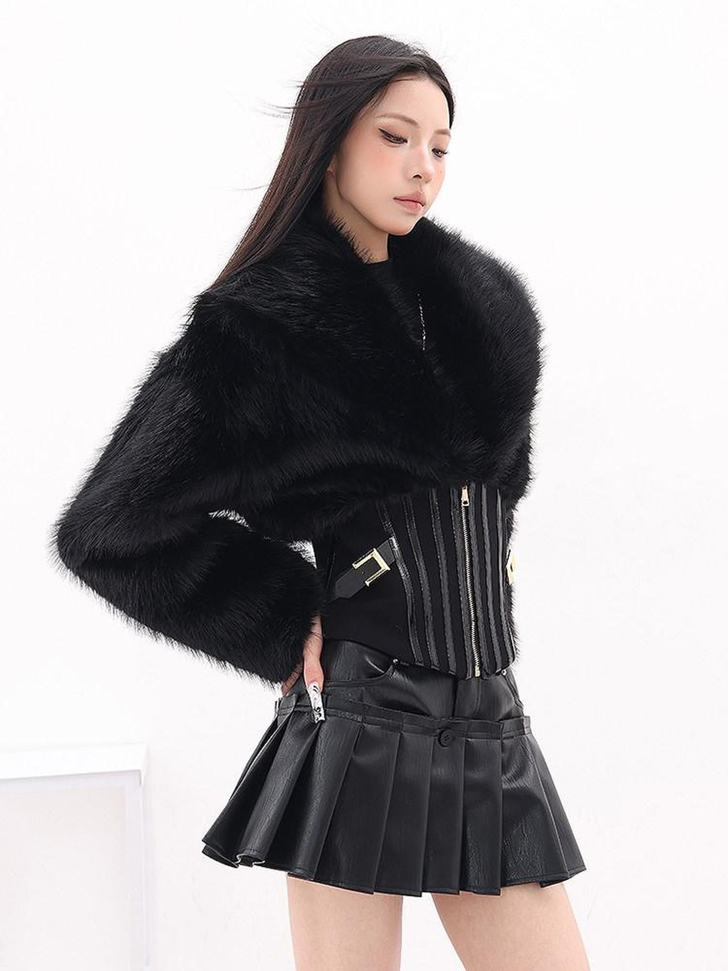 QIUQIU STUDIO Black Herringbone Cinched Waist Fur Collar Parka Women&