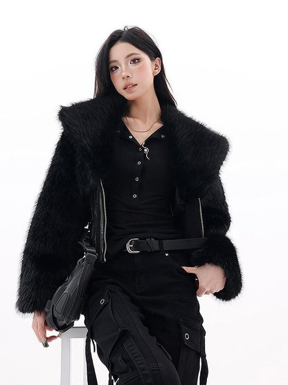 QIUQIU STUDIO Black Herringbone Cinched Waist Fur Collar Parka Women&