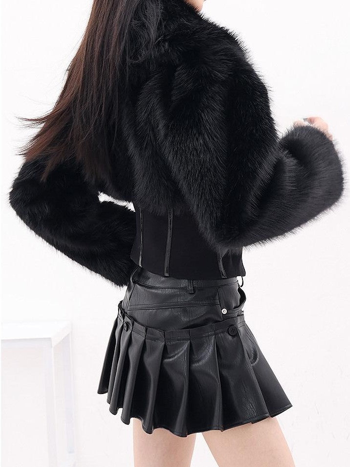 QIUQIU STUDIO Black Herringbone Cinched Waist Fur Collar Parka Women&