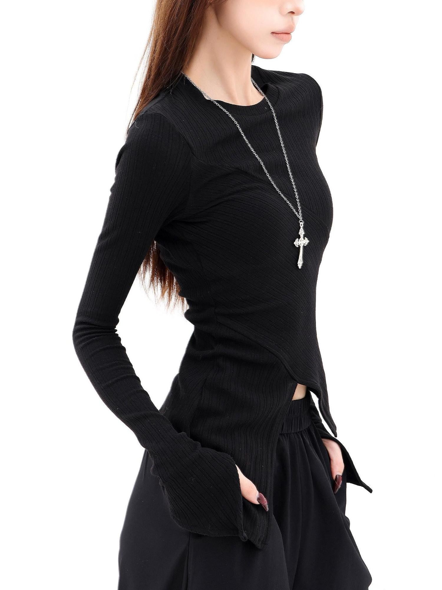 QIUQIU STUDIO Black Irregular Hem Ribbed Knit Women&