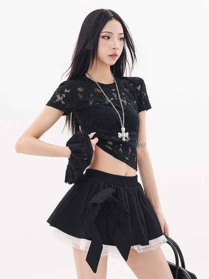QIUQIU STUDIO Black Lace Cutout Short Sleeve Floral Hair Accessory Women&
