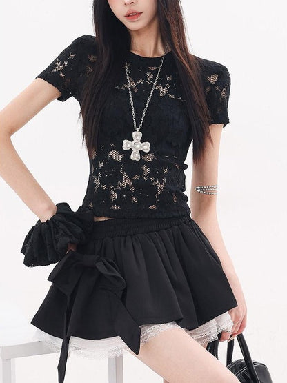 QIUQIU STUDIO Black Lace Cutout Short Sleeve Floral Hair Accessory Women&