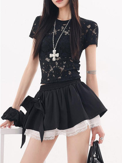 QIUQIU STUDIO Black Lace Cutout Short Sleeve Floral Hair Accessory Women&